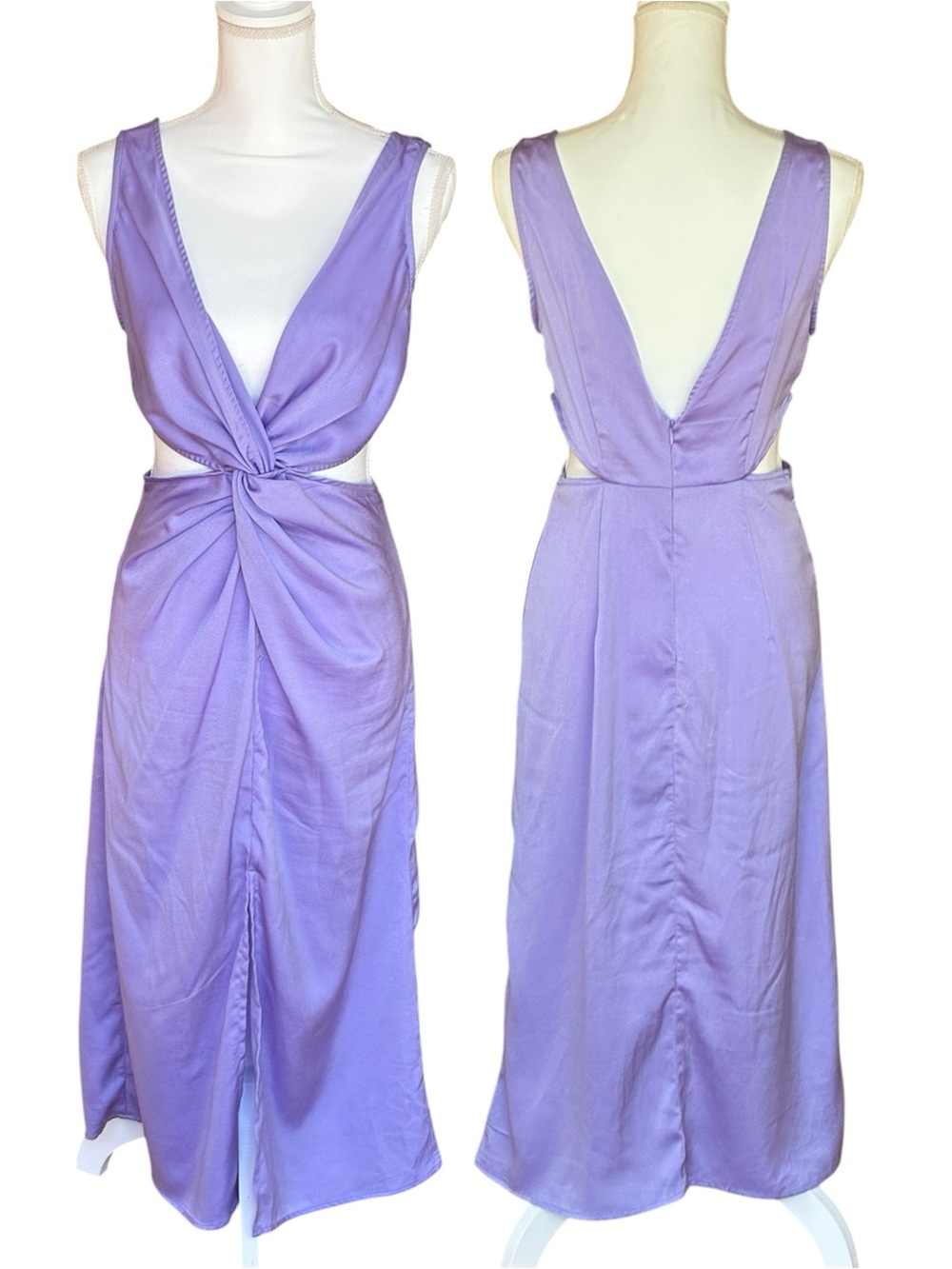 Lavender Satin Plunge Knot-Front Midi Dress Side Cutout Back Zipper Sz Medium